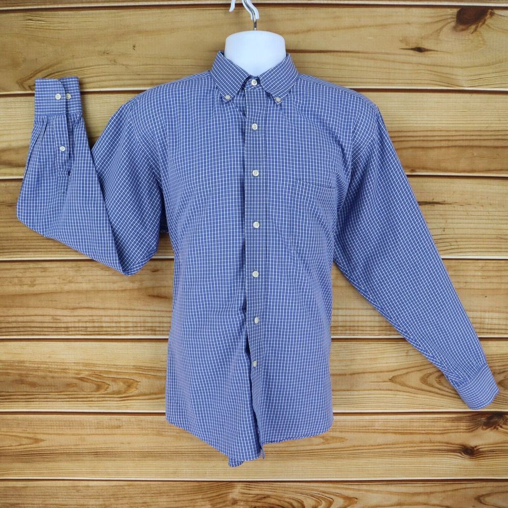 Chaps Dress Shirt Wrinkle Free Mens Sz 15.5 Blue White Checks Button Down Collar